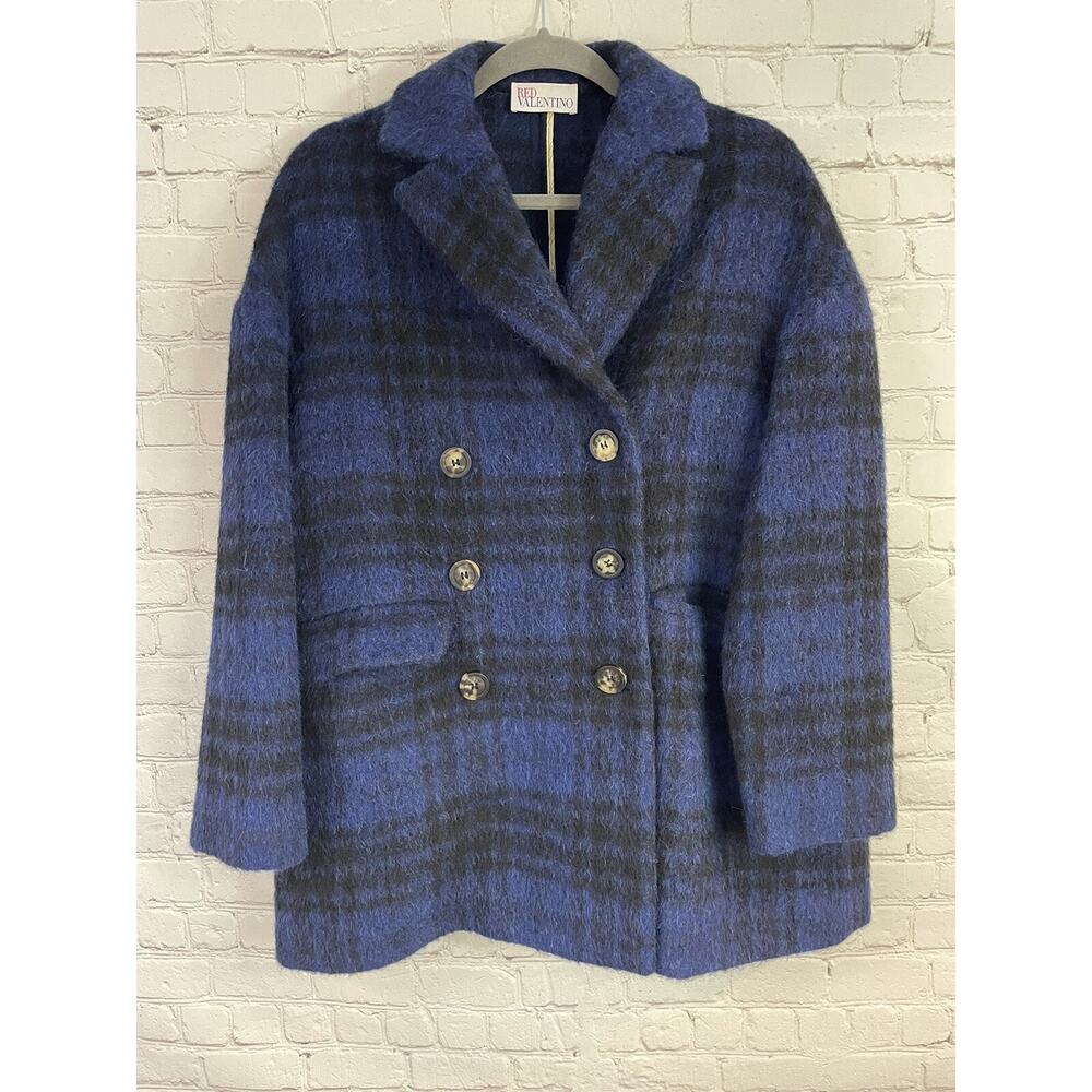 $950 Red Valentino Womens Wool Polyester Alpaca Blend Coat Size 42 Blue Plaid